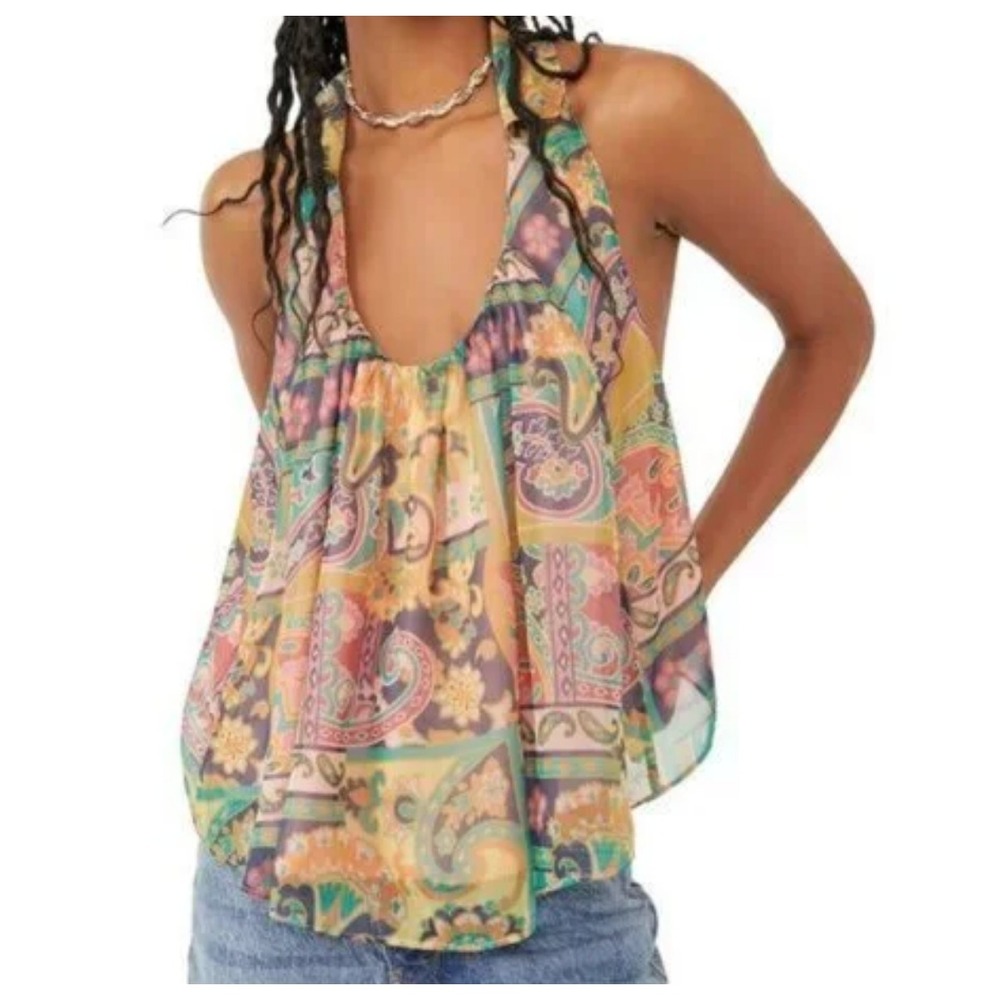 Free People Strawberry Retro Paisley Print Racerback Tank Top, Brown Blue, XS - Picture 2 of 13